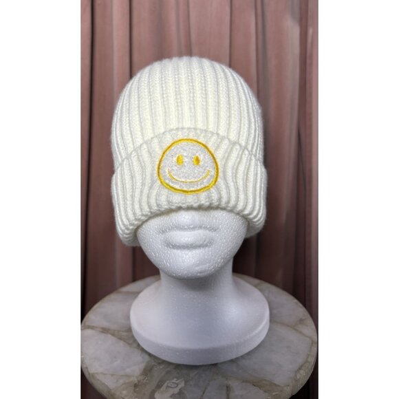 Unbranded Other - Hat Beanie Knit Cap Smiley Face Fleece Ivory Yellow